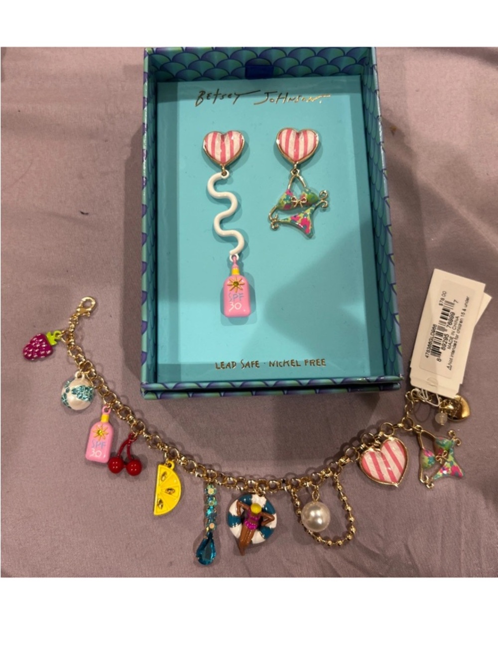 Betsey Johnson Charm Bracelet  & Sunscreen Bottle Bikini Mismatch Earrings  HTF